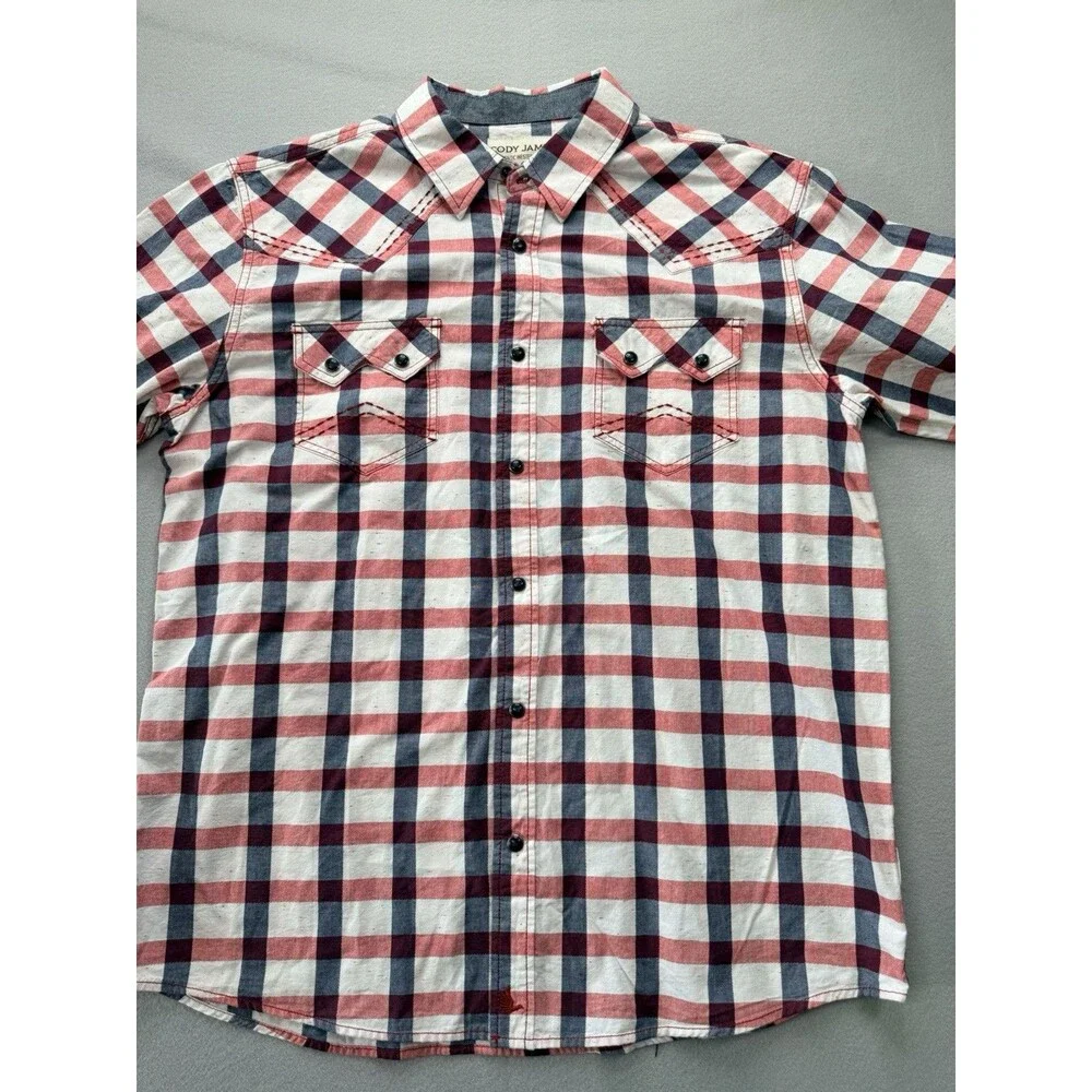 Cody James Western Plaid Pearl Snap Shirt Men’s Large Red Blue Cowboy Rodeo